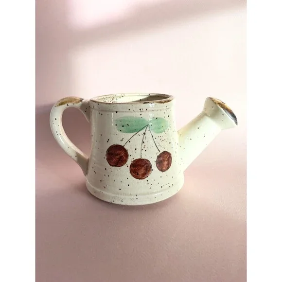Adorable 70s Vintage Cherries Stoneware Plant Watering Can | Handpainted - Picture 1 of 8